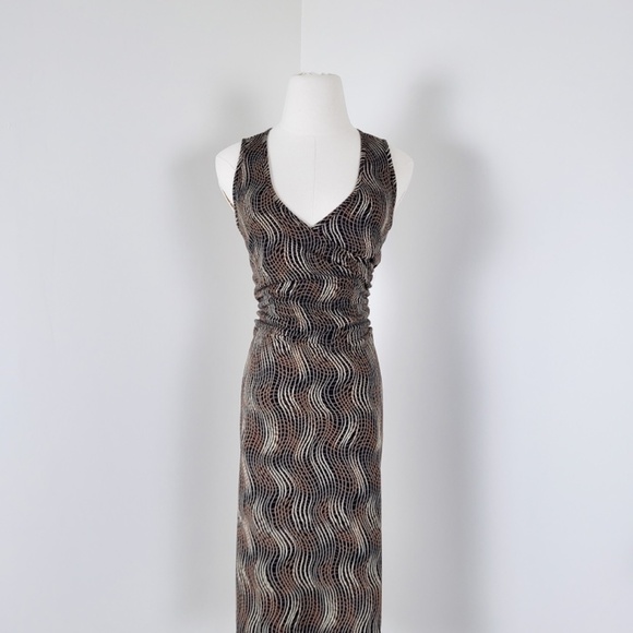 Vintage midi fitted dress abstract y2k v-neck plunge neckline wrap squiggles - Picture 13 of 13